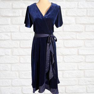 Lane Bryant 14/16 Blue Velvet Faux Wrap Midi Dress Ruffle Short Sleeve V-Neck